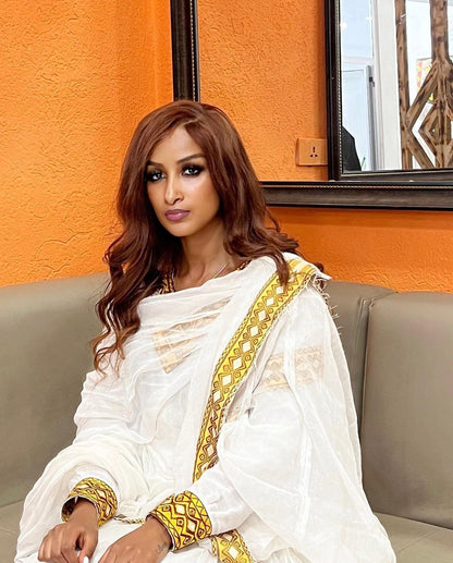 Golden Yellow Modern Habesha Kemis Beautiful Habesha Dress Design