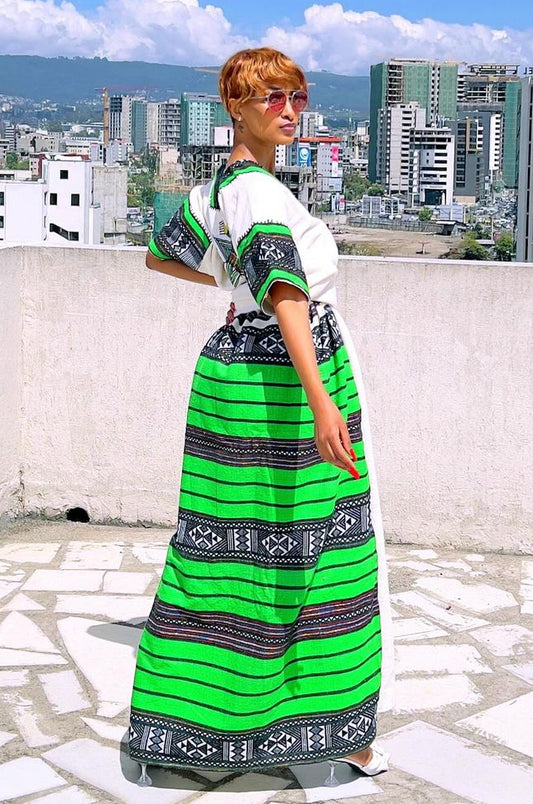 Cultural Green Ethiopian Traditional Dress Vibrant Habesha Dress