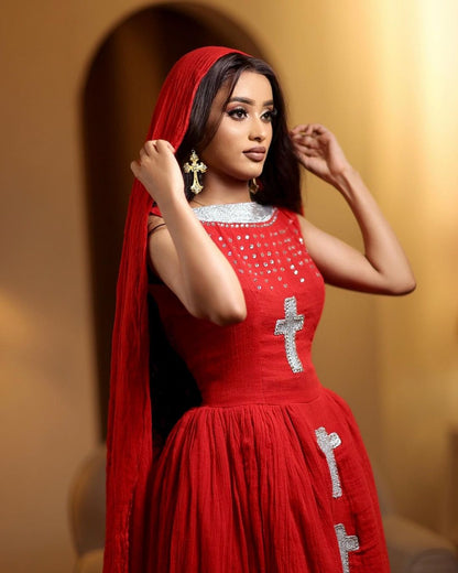 Shiny Red Modern Habesha Dress Design Silver Cross Beaded Ethiopian Traditional Dress