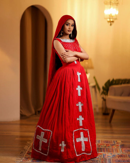 Shiny Red Modern Habesha Dress Design Silver Cross Beaded Ethiopian Traditional Dress