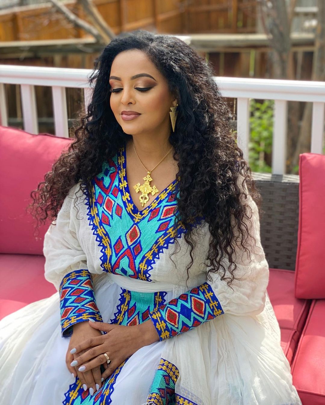 Elegant Modern Blue Pattern Habesha Kemis An Exquisite Ethiopian Traditional Dress