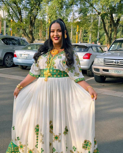 Radiant Green Habesha Dress Shimmering Habesha Kemis and Ethiopian Traditional Dress