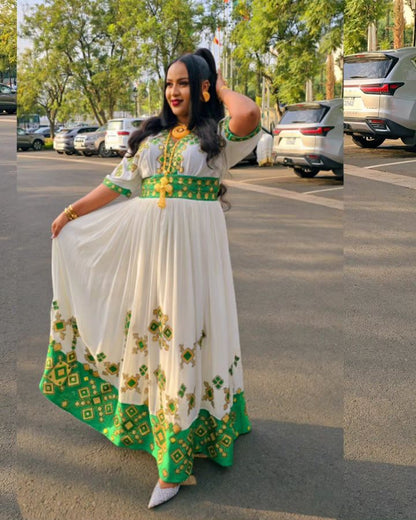 Radiant Green Habesha Dress Shimmering Habesha Kemis and Ethiopian Traditional Dress