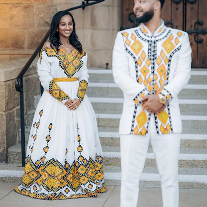 Beautiful Habesha Couples Outfit: Elegant Yellow Design in Traditional Habesha Couples Wedding Outfit