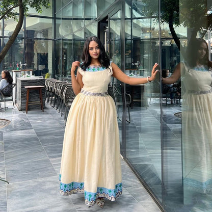 Modern Ethiopian Traditional Dress with Blue Design Elegant Habesha Dress