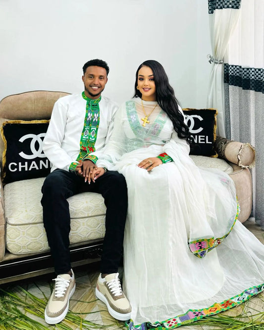Simple Green Habesha Couples Outfit 