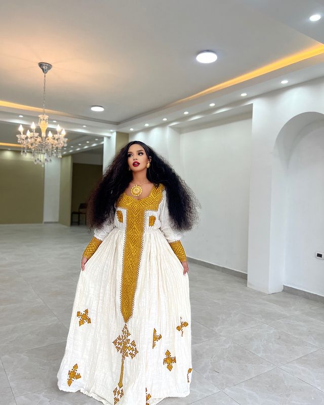 Exquisite Ethiopian Traditional Dress Golden Design Habesha Dress Cultural Ethiopian Dress