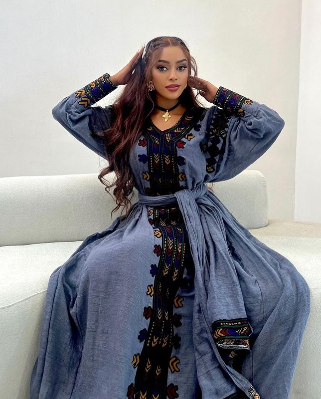 Elegant Dark Blue Cultural Habesha Dress Ethiopian Traditional Habesha Kemis XL