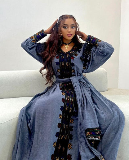 Elegant Dark Blue Cultural Habesha Dress Ethiopian Traditional Habesha Kemis