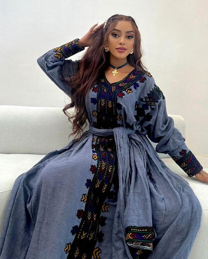 Elegant Dark Blue Cultural Habesha Dress Ethiopian Traditional Habesha Kemis