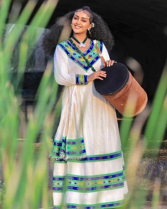 Simple Blue and Green Habesha Dress