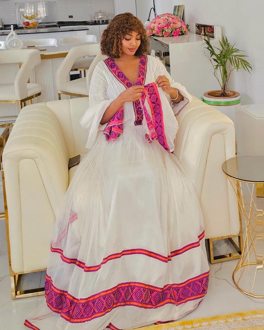 Elegant Pink Modern Habesha Kemis 
