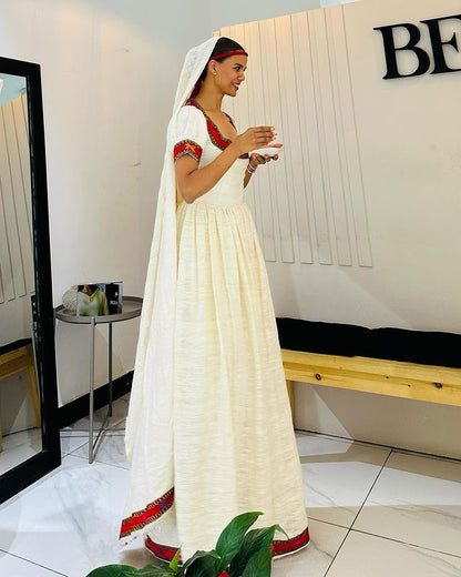 Simple Red Habesha Kemis Ethiopian Traditional Dress