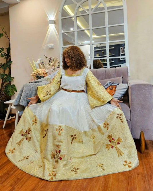 Shining Golden Cross Hem Habesha Dress: with Bright Red Detailing Traditional Ethiopian Dress