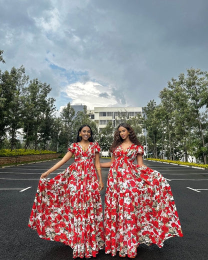 Gorgeous Red and White Chiffon Dress 