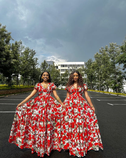 Gorgeous Red and White Chiffon Dress Stylish Shiffon Habesha Dress Modern Ethiopian Dress