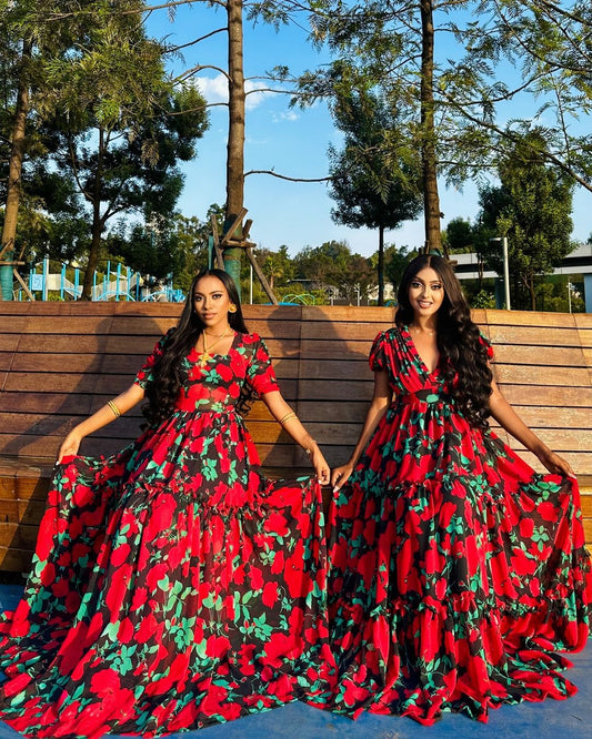 Elegant Red and Green Chiffon Dress