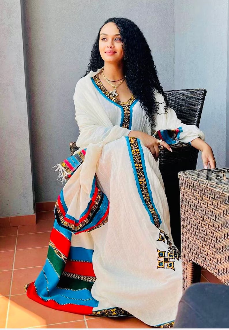 Elegant Blue and Multicolored Cultural Ethiopian Traditional Dress - Stunning Habesha Kemis with Vibrant Detail