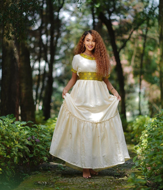 Minimalist Short Sleeved Habesha Dress: with Adorable Yellow Embellishments Traditional Ethiopian Dress