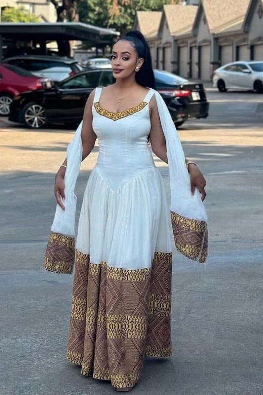 Golden Brown Sleeveless Chic Traditional Ethioipian Dress: with Geometric Hemline Designing Habesha Dress