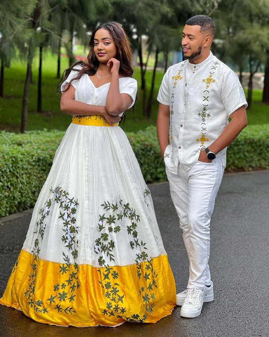 Beautiful Yellow Habesha Couples Outfit 