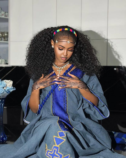 Gorgeous Dark Blue Habesha Dress Elegant Habesha Kemis Ethiopian Traditional Dress