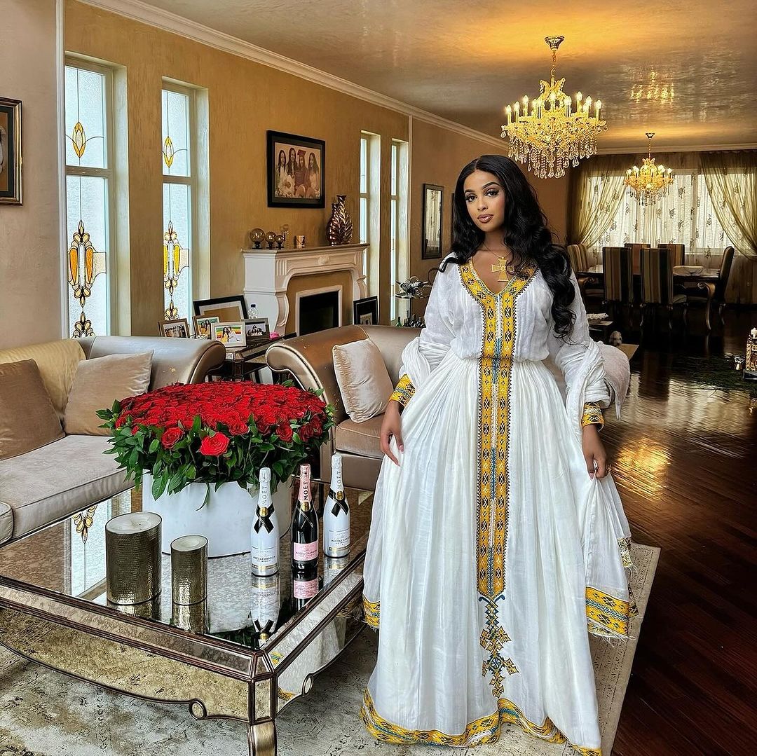 Beautiful Traditional Ethiopian Dress with Golden Design Timeless Habesha Kemis Ethiopian Cultural Dress