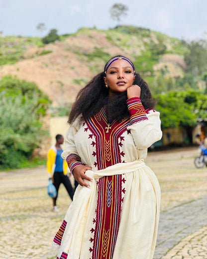 Glamourous Red Habesha Kemis with Intricate Detailing Graceful Traditional Ethiopian Dress