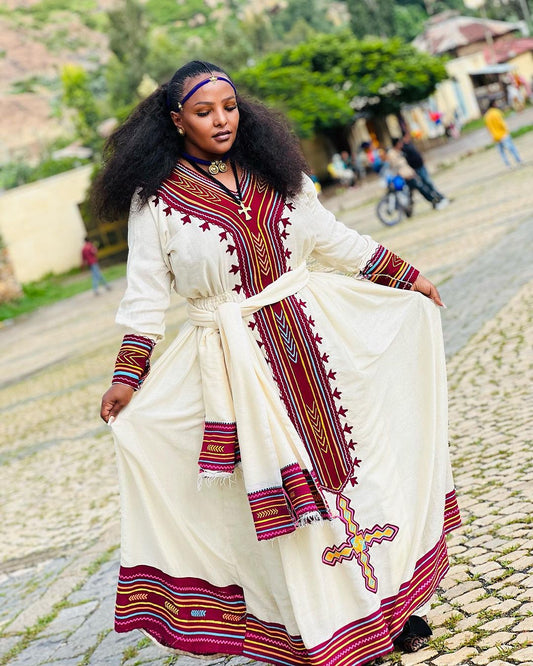 Glamourous Red Habesha Kemis with Intricate Detailing Graceful Traditional Ethiopian Dress