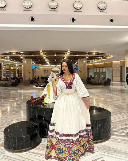 Exquisite Habesha Kemis with Multicolored Design Traditional Ethiopian Dress