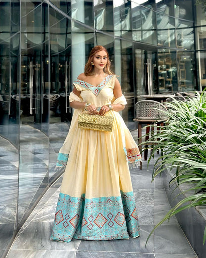 Stunning Blue And Cream Ethiopian Dress With Red Detailing Embroidery Traditional Dress