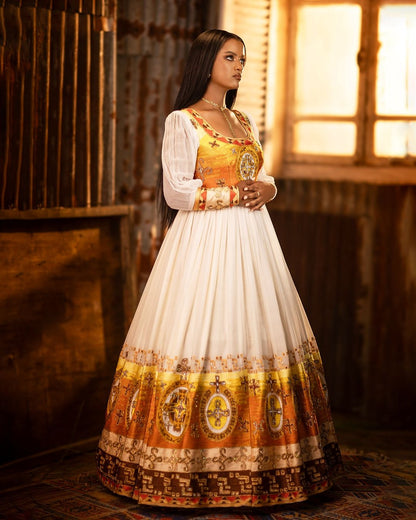 Golden Ethiopian Traditional Dress: with Shimmering Cross Detailing Habesha Dress