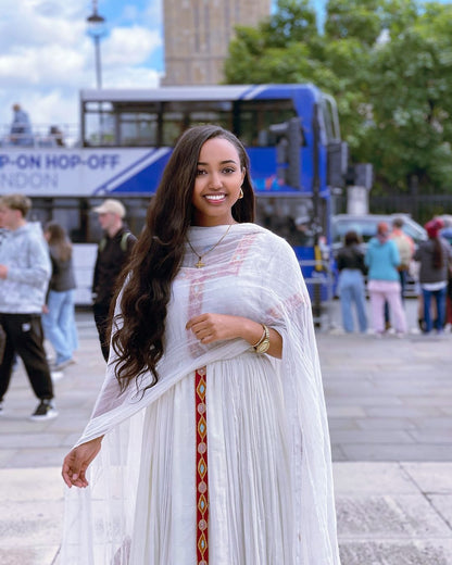 Red Handmade Embroidery Classic Habesha Dress: for Special Gatherings Ethiopian Traditional Dress