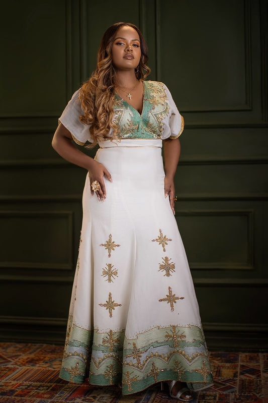 Majestic Green Mermaid-styled Ethiopian Dress: for Grand Occasions Habesha Dress