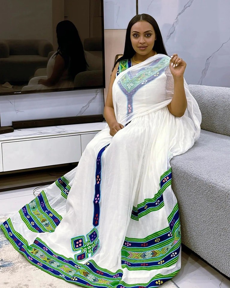 Blue And Green Hand-woven Ethiopian Traditional Dress