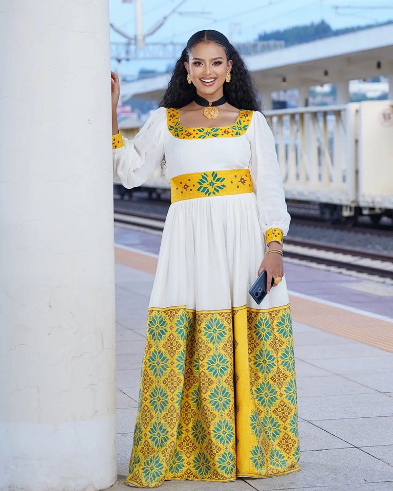 Elegant Golden Habesha Dress: with Green and Red Embellishment Traditional Ethiopian Dress