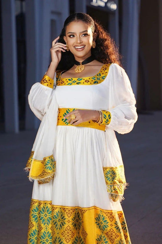 Elegant Golden Habesha Dress: with Green and Red Embellishment Traditional Ethiopian Dress