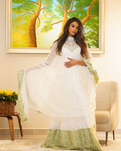 Timeless Green Habesha Dress: with Traditional Ethiopian Embroidery for Simple Look