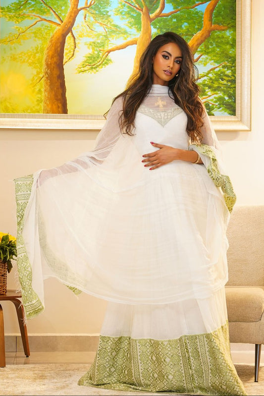 Timeless Green Habesha Dress: with Traditional Ethiopian Embroidery for Simple Look