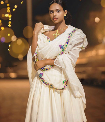 Enchanting Multicolored Handwoven Detailing Ethiopian Dress For Events