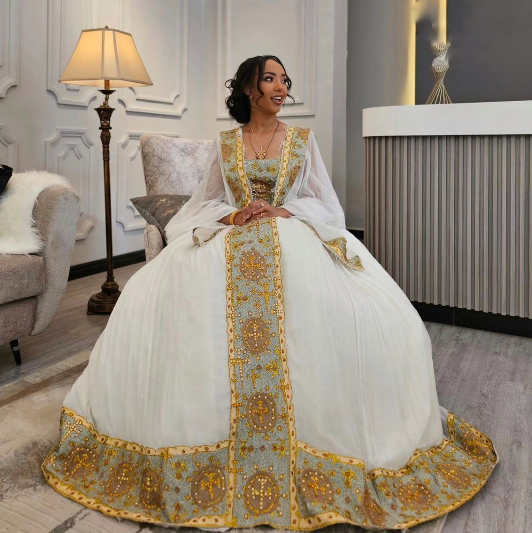 Fabulous Ethiopian Hand-knitted Wedding Dress Majestic Traditional Habesha Wedding Gown