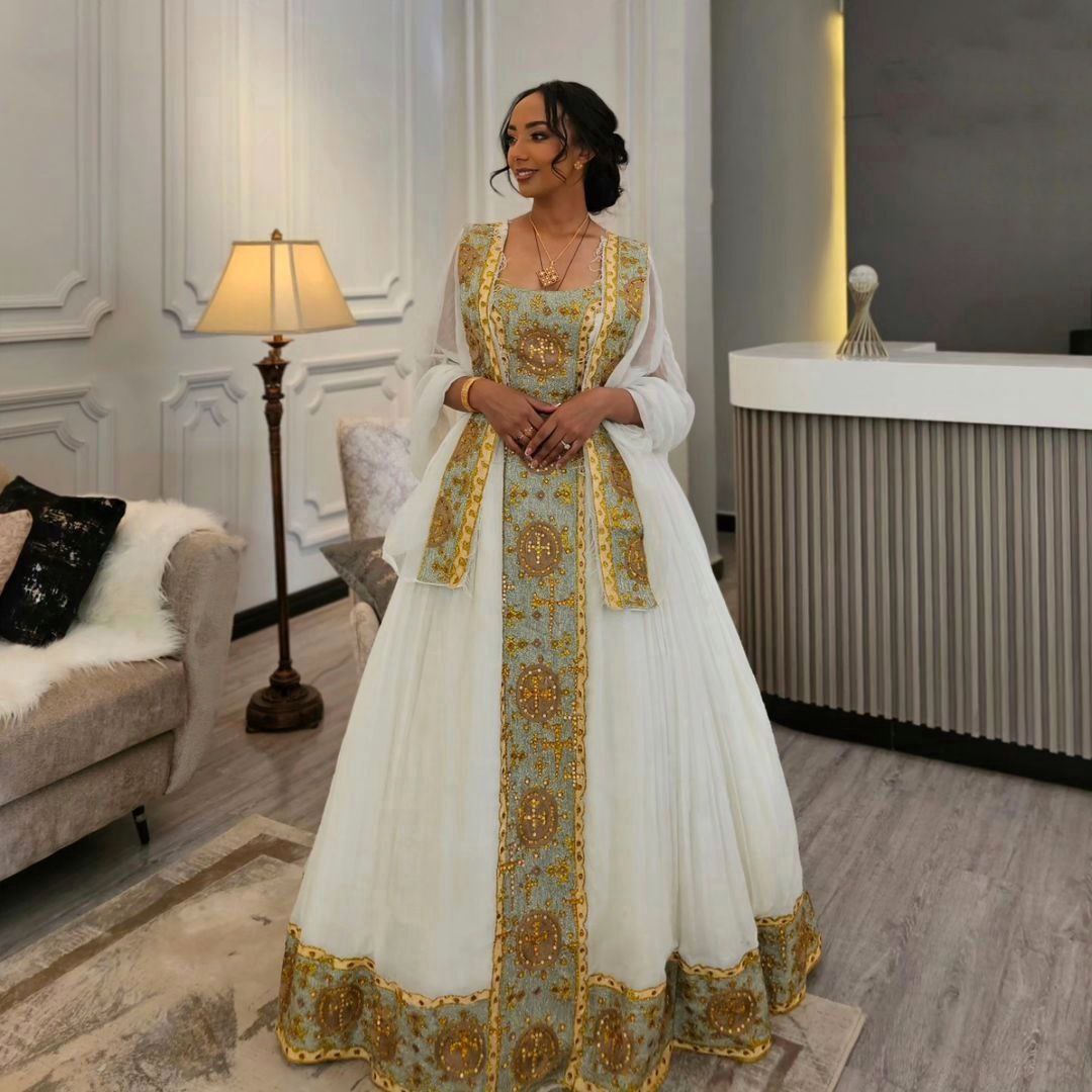 Fabulous Ethiopian Hand-knitted Wedding Dress Majestic Traditional Habesha Wedding Gown