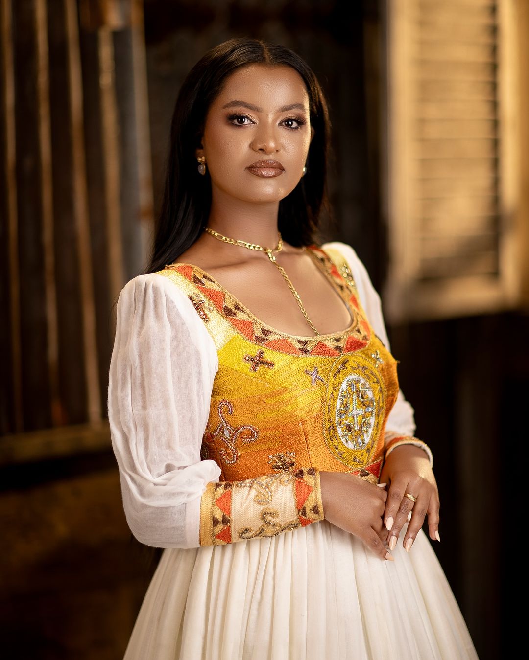 Golden Ethiopian Traditional Dress: with Shimmering Cross Detailing Habesha Dress