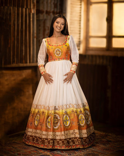 Golden Ethiopian Traditional Dress: with Shimmering Cross Detailing Habesha Dress