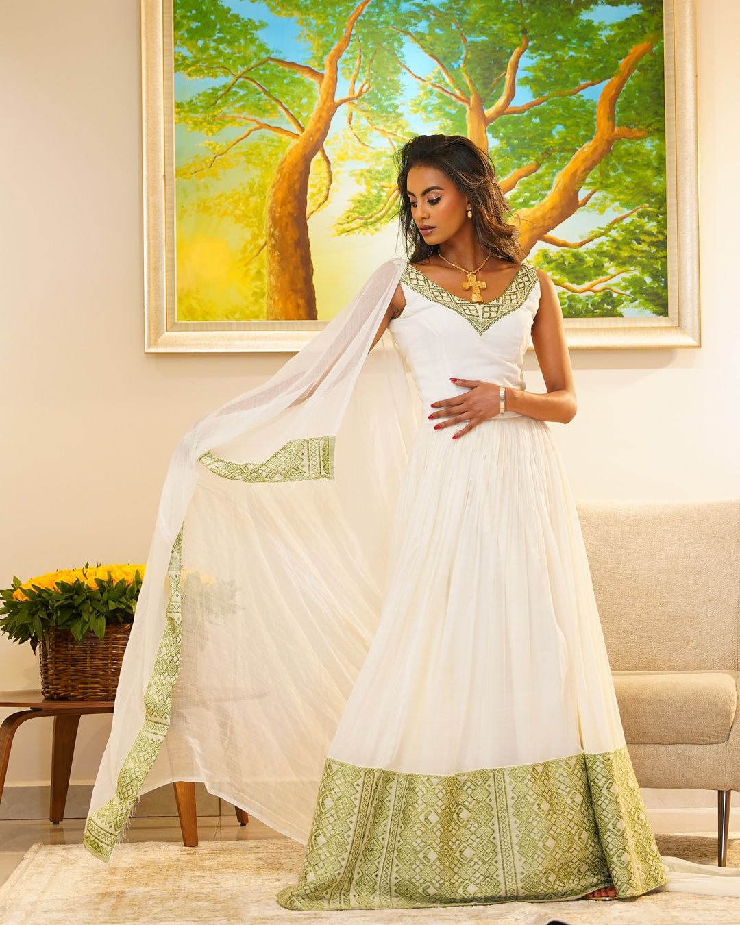 Timeless Green Habesha Dress: with Traditional Ethiopian Embroidery for Simple Look