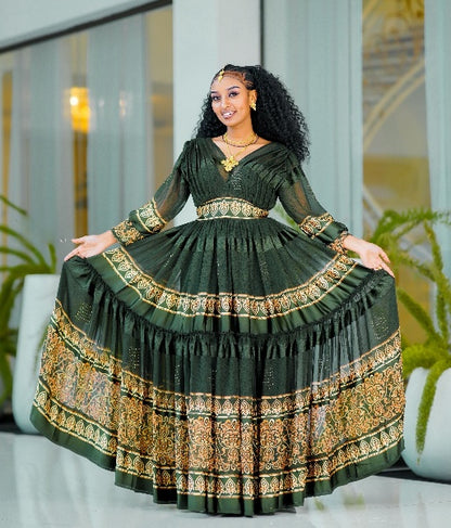 Green Magical Ethiopian Made Chiffon Dress: with Golden Hemline Embellishment Habesha Chiffon