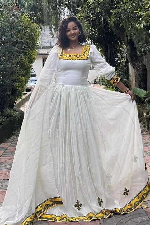 Effortless Yellow and Green Traditional Ethiopian Dress: with Beautiful Embroidery Design Habesha Dress