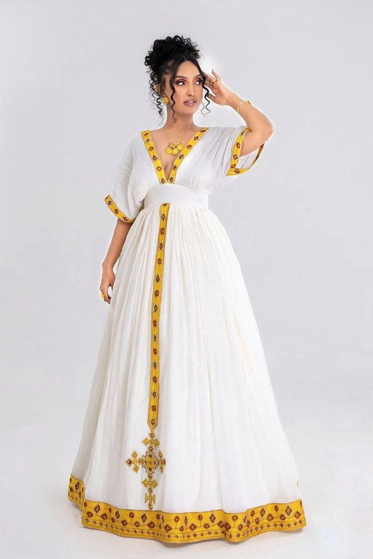Glorious Habesha Dress with Golden Embellishment: Traditional Ethiopian Dress for Events