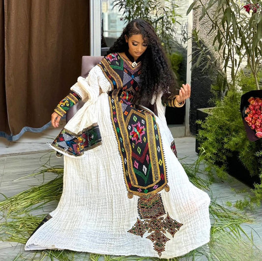 Majestic Embroidery Designed Habesha Dress: with Multicolored Stitches Traditional Ethiopian Dress