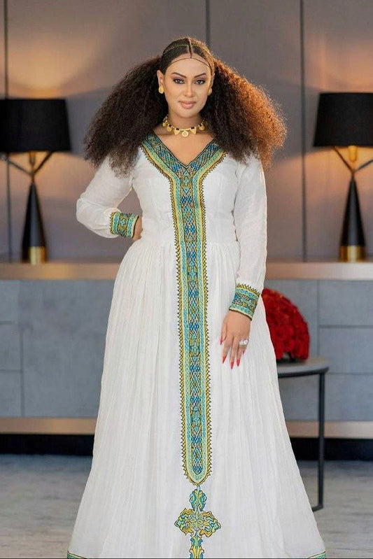 Vibrant Habesha Dress with Wide Handwoven Embellishment: for Cultural Festivals or Occasions Traditional Ethiopian Dress